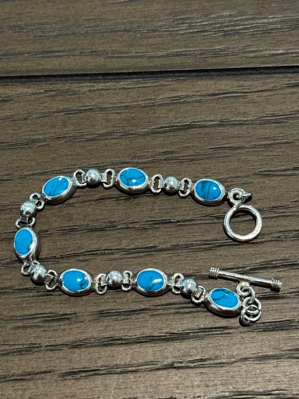 Turquoise Stone Silver Bracelet - Blue Oval Link Bracelet